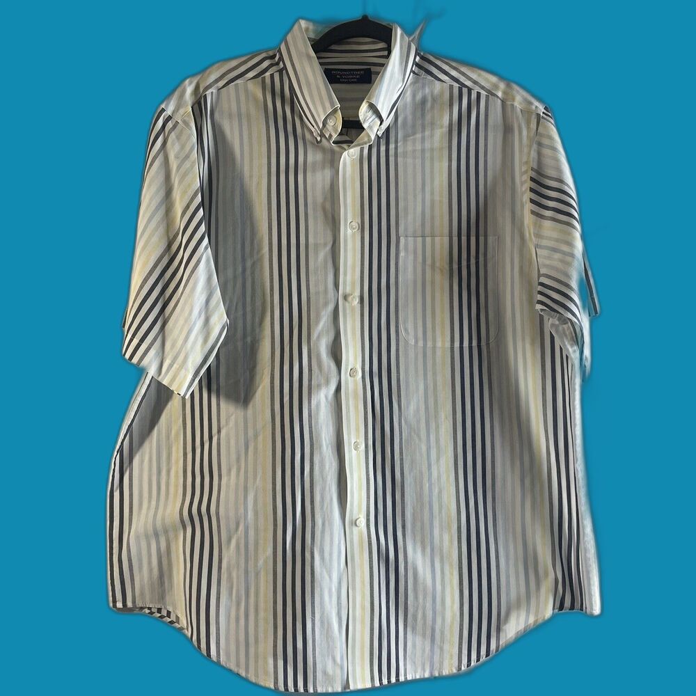 Roundtree Yorke Shirt Men's Large White Striped Button Down Short Sleeves